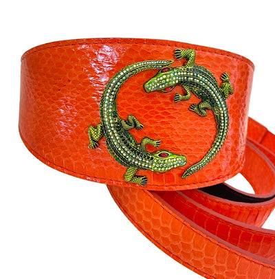 Orange Snake style wide collar and leash set with green rhinestone alligator embellishments