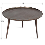 Round brown metal coffee table with scalloped edge and three tapered legs, measuring 26 inches wide and 15.75 inches tall, shown against a white background.