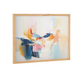 Abstract coastal-themed painting with soft pastel hues of blue, pink, orange, and white in a wooden frame, featuring fluid brushstrokes and blending colors.