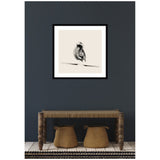 Minimalist black brushstroke sketch of a bird perched on a branch, centered in a square black frame against a dark gray wall above a carved wooden bench.