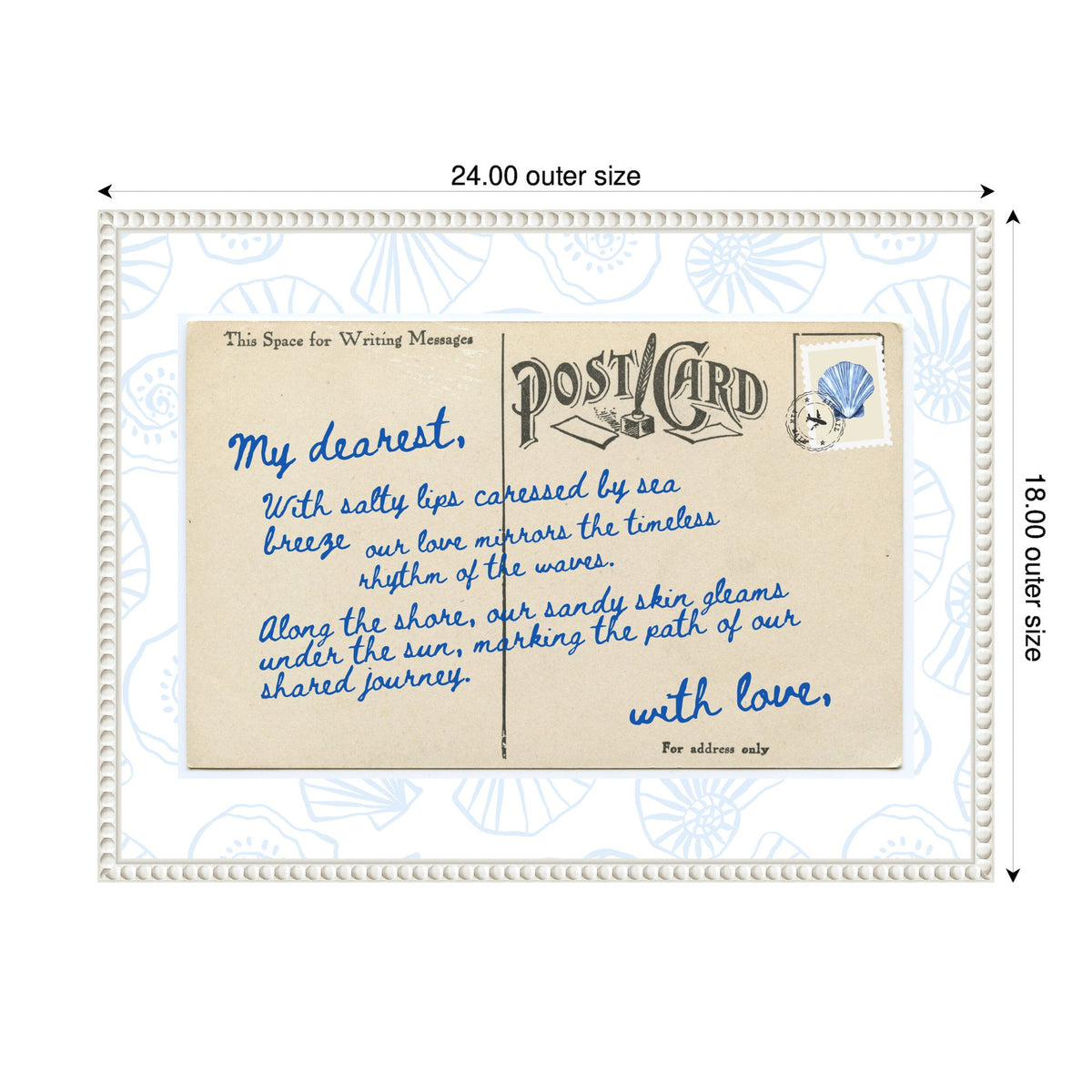 Vintage-style postcard with handwritten blue ink text, bordered by light blue seashell patterns and a small blue seashell stamp on cream background.