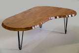 Wavy Kidney Table with EB Hairpin Legs showing tiger maple top and black hairpin legs with spiral-shaped basket