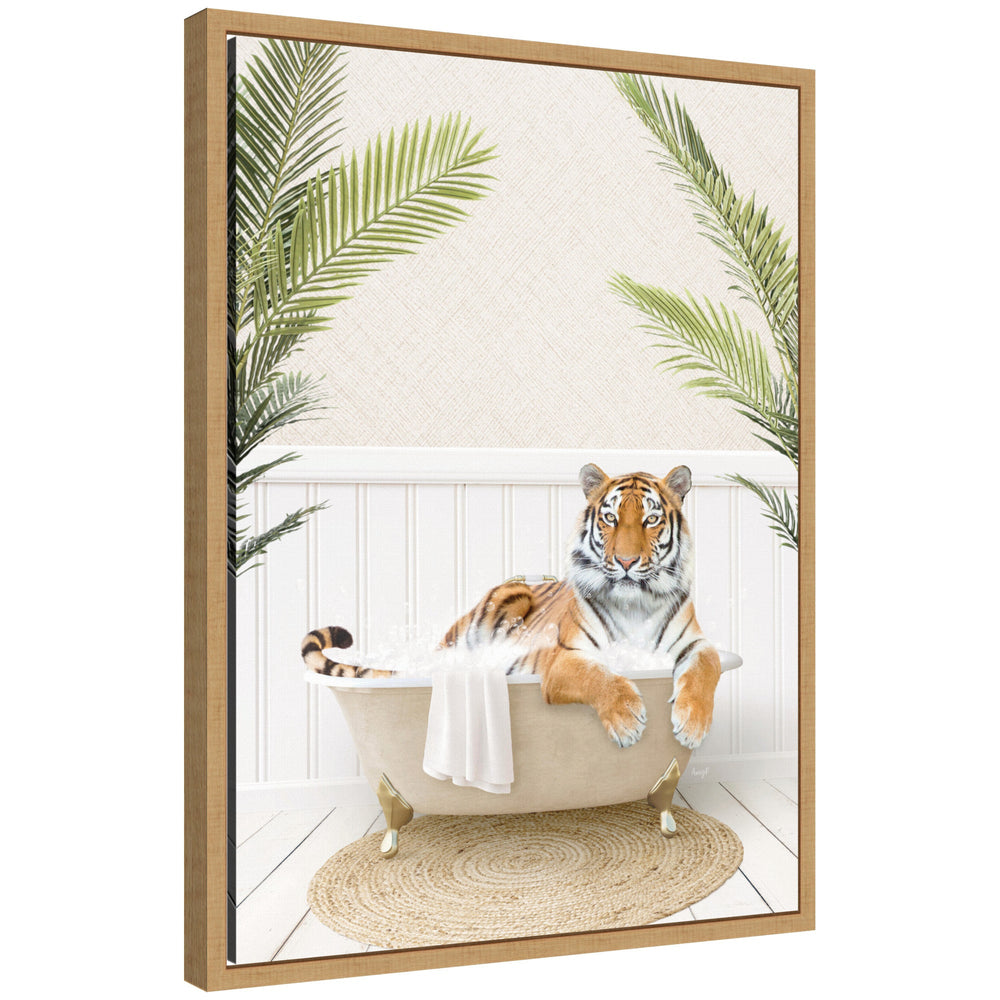 Sylvie Tiger in Palm Bath framed canvas artwork showing a tiger among palm leaves
