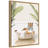 Sylvie Tiger in Palm Bath framed canvas artwork showing a tiger among palm leaves