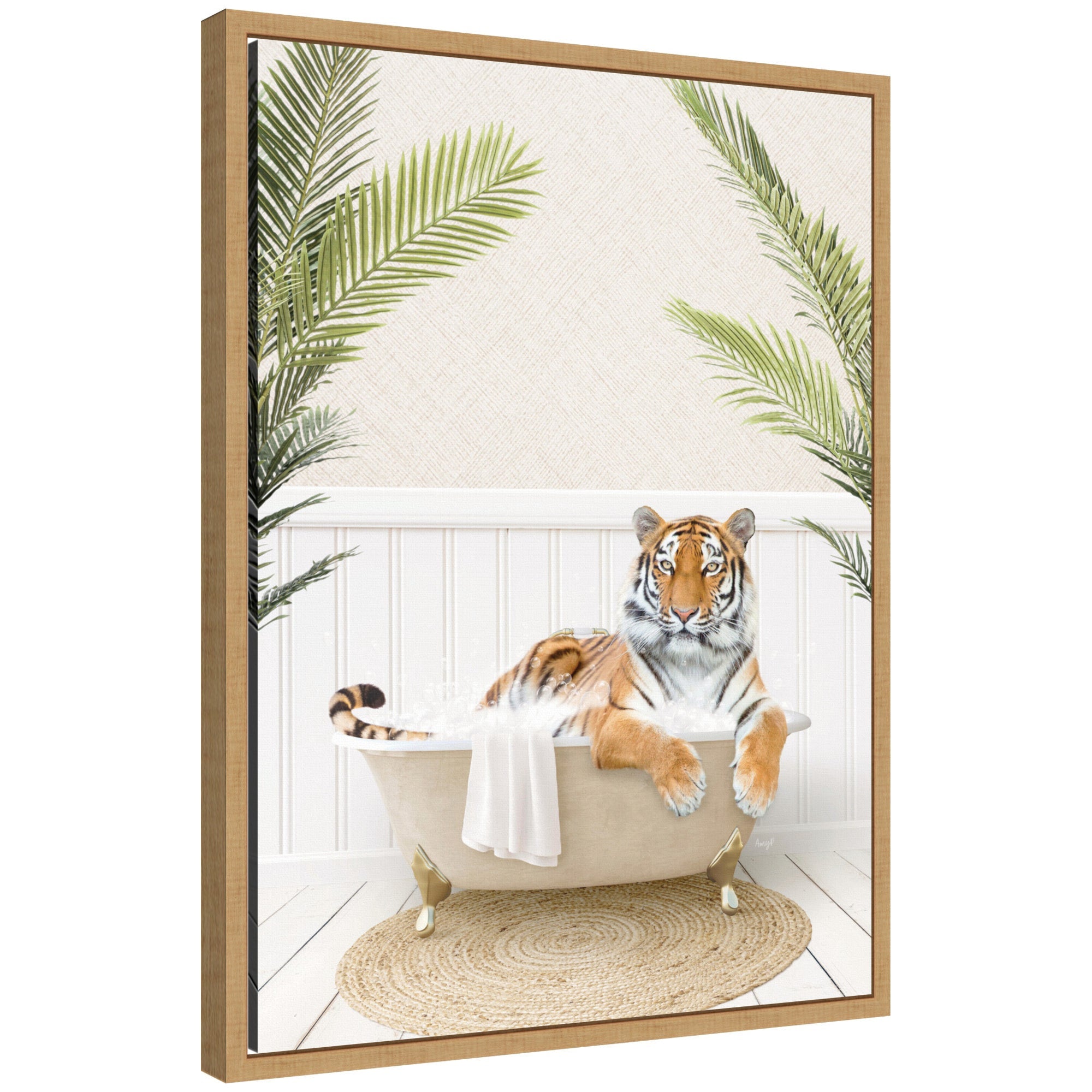Sylvie Tiger in Palm Bath framed canvas artwork showing a tiger among palm leaves