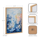Underwater-themed art print with blue, coral, and white seaweed shapes in a light oak wood frame, featuring a minimalist gallery profile and sawtooth hangers.
