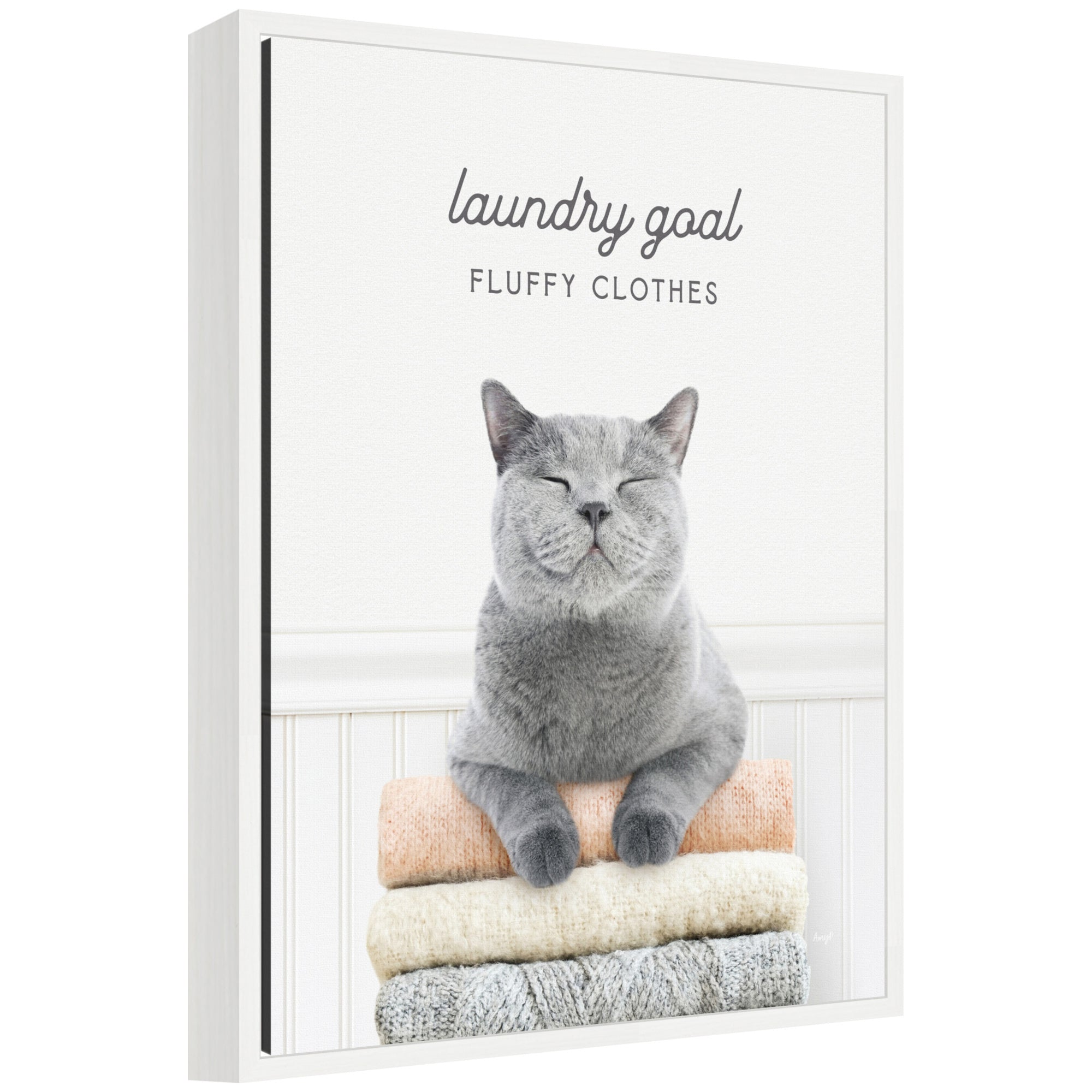 Framed canvas art featuring a playful cat and laundry theme, titled 'Sylvie Cat Laundry Goals' by Amy Peterson