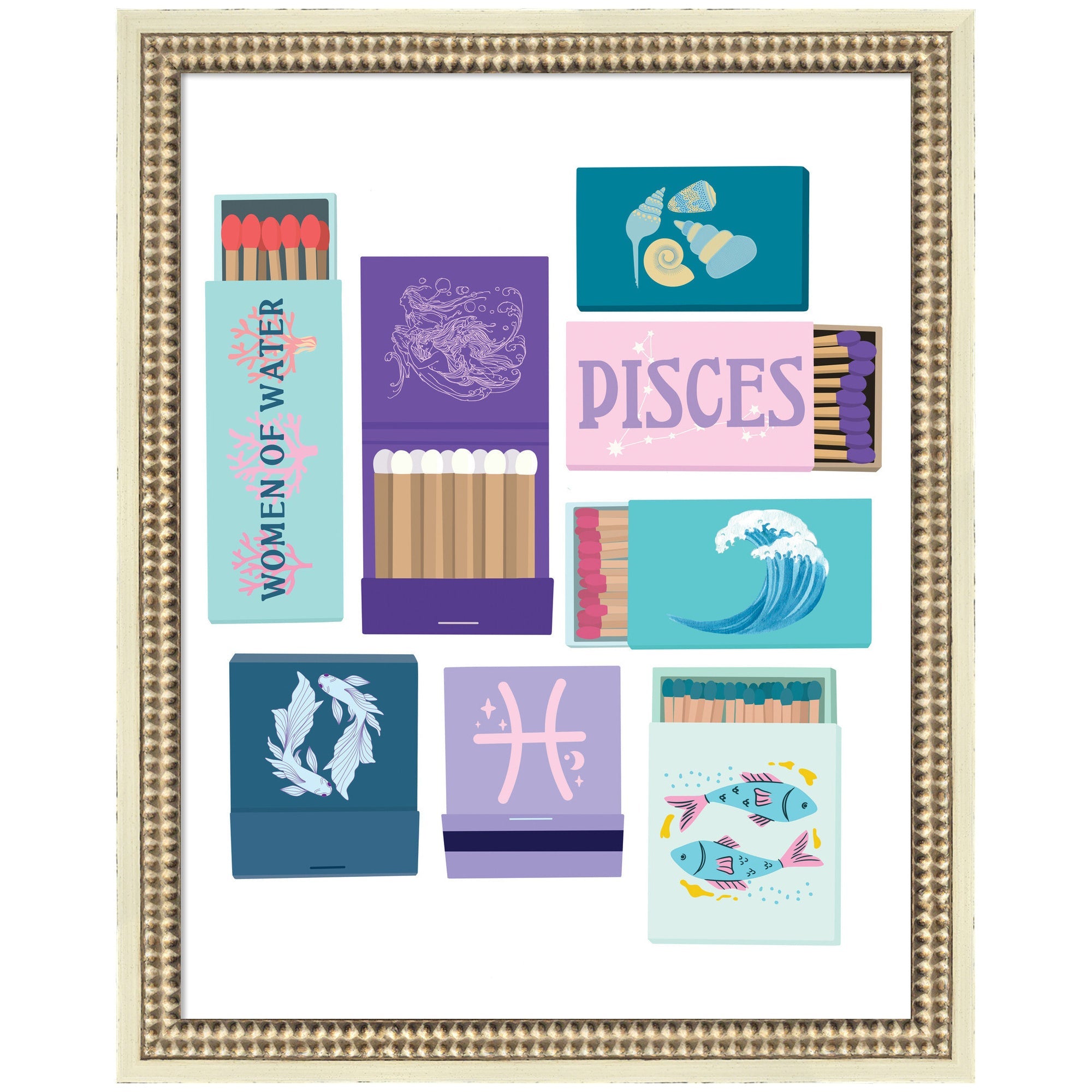 Pisces Matchbooks 14x18 FC framed wall art print featuring delicate artistic details by Megan Ryan in a white distressed frame