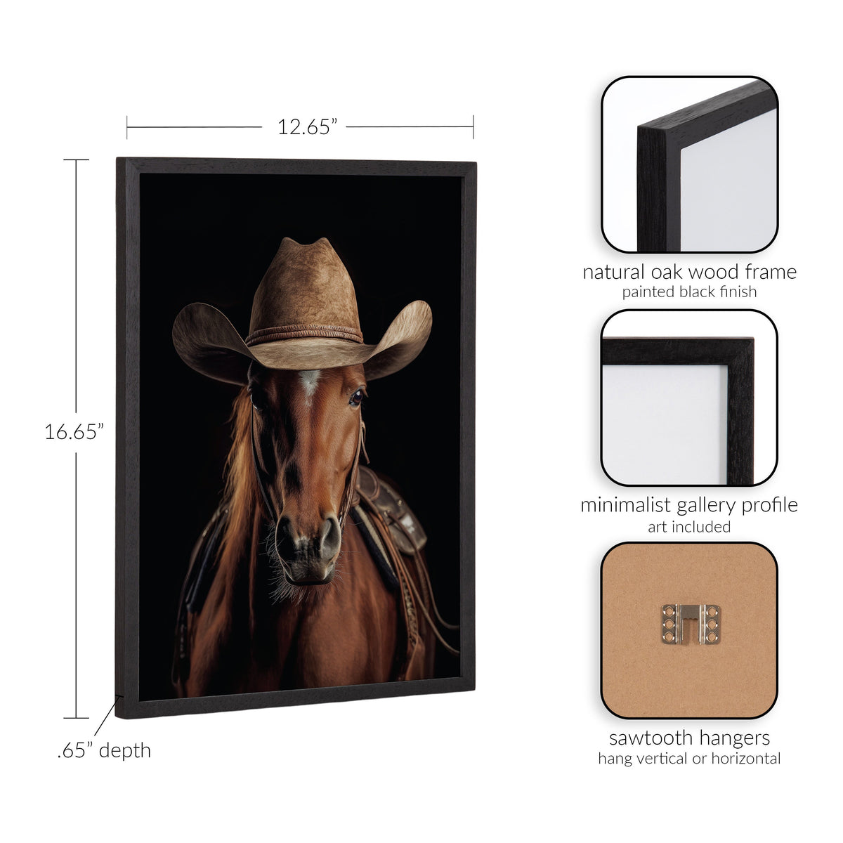 Portrait of a brown horse wearing a tan western cowboy hat and leather saddle against a solid black background in a natural oak wood frame with black finish.