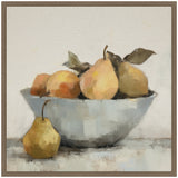 Still life painting of yellow pears in a gray bowl with one pear outside, textured brushstrokes on muted neutral background framed in brown.