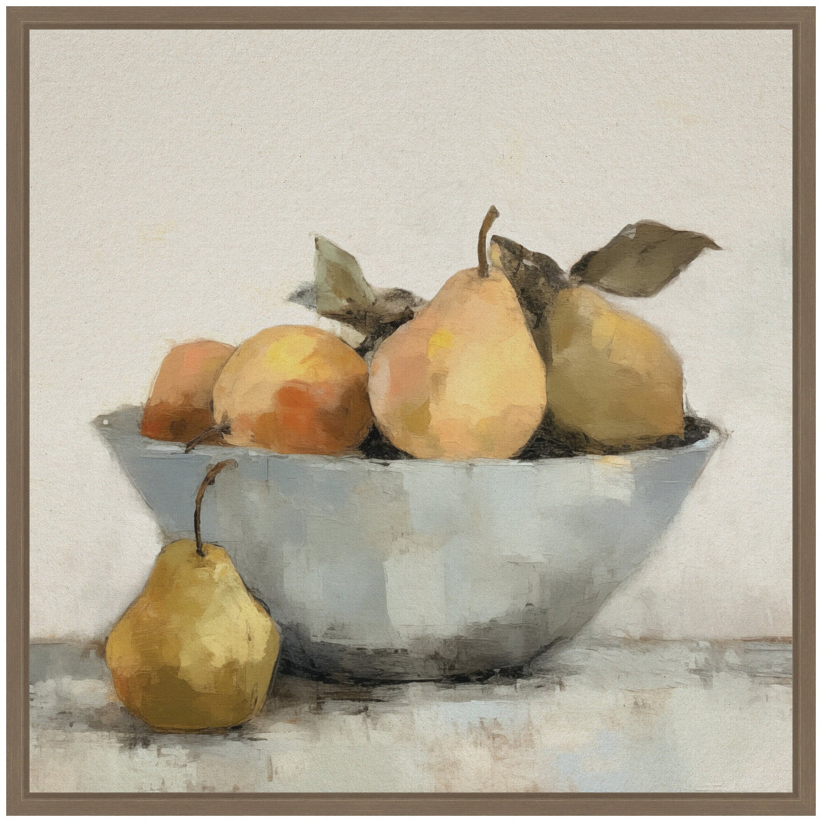 Still life painting of yellow pears in a gray bowl with one pear outside, textured brushstrokes on muted neutral background framed in brown.