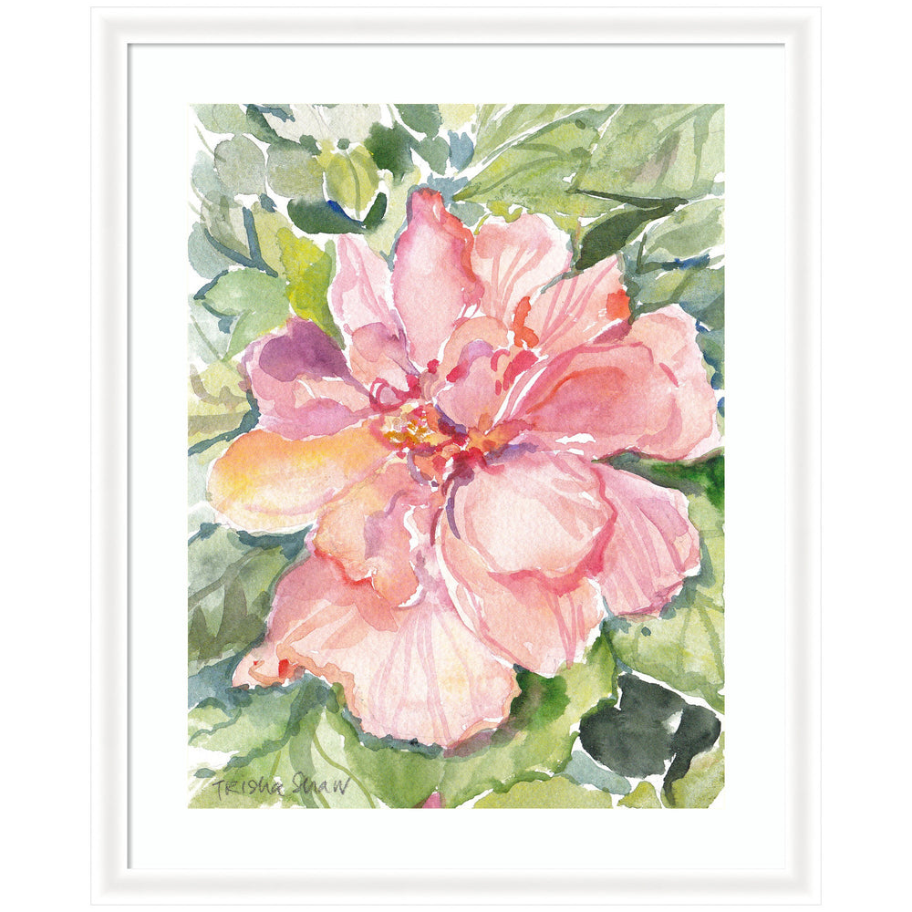 Framed watercolor print of a pink hibiscus flower with green leaves by Patricia Shaw in white narrow moulding