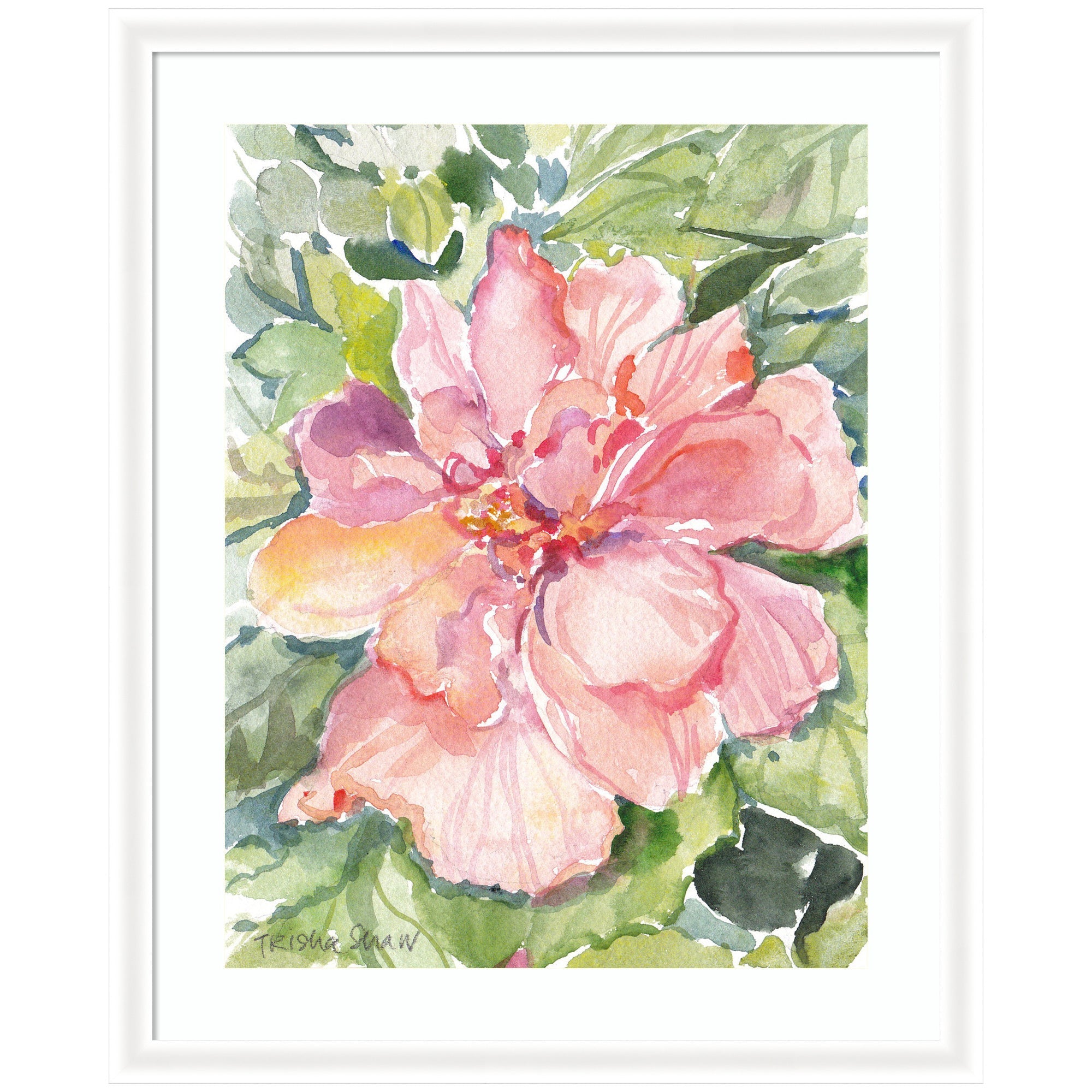 Framed watercolor print of a pink hibiscus flower with green leaves by Patricia Shaw in white narrow moulding