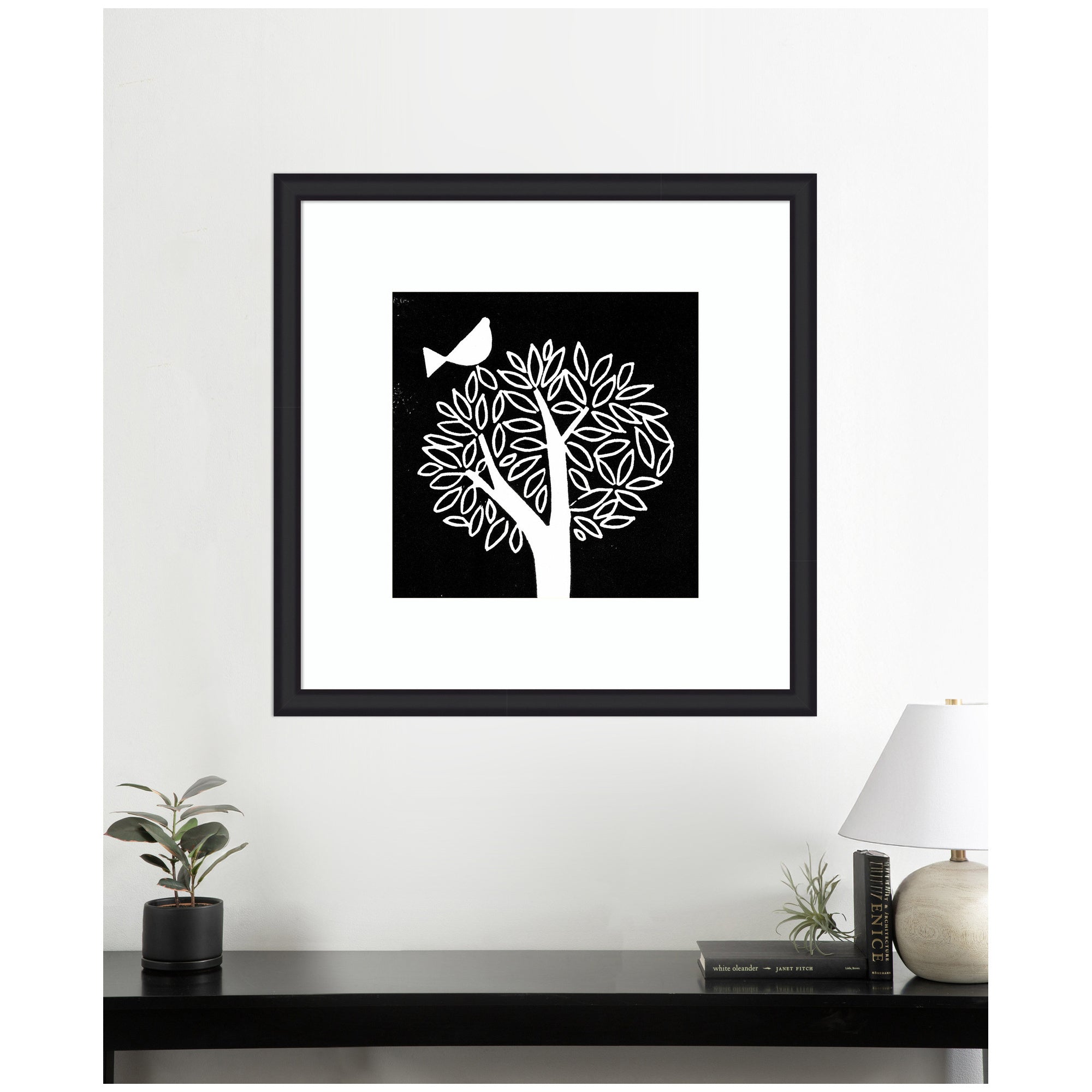Framed Art Black and White Bird Tree Linocut by Giuliana Lazzerini