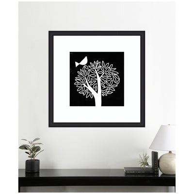 Framed Art Black and White Bird Tree Linocut by Giuliana Lazzerini