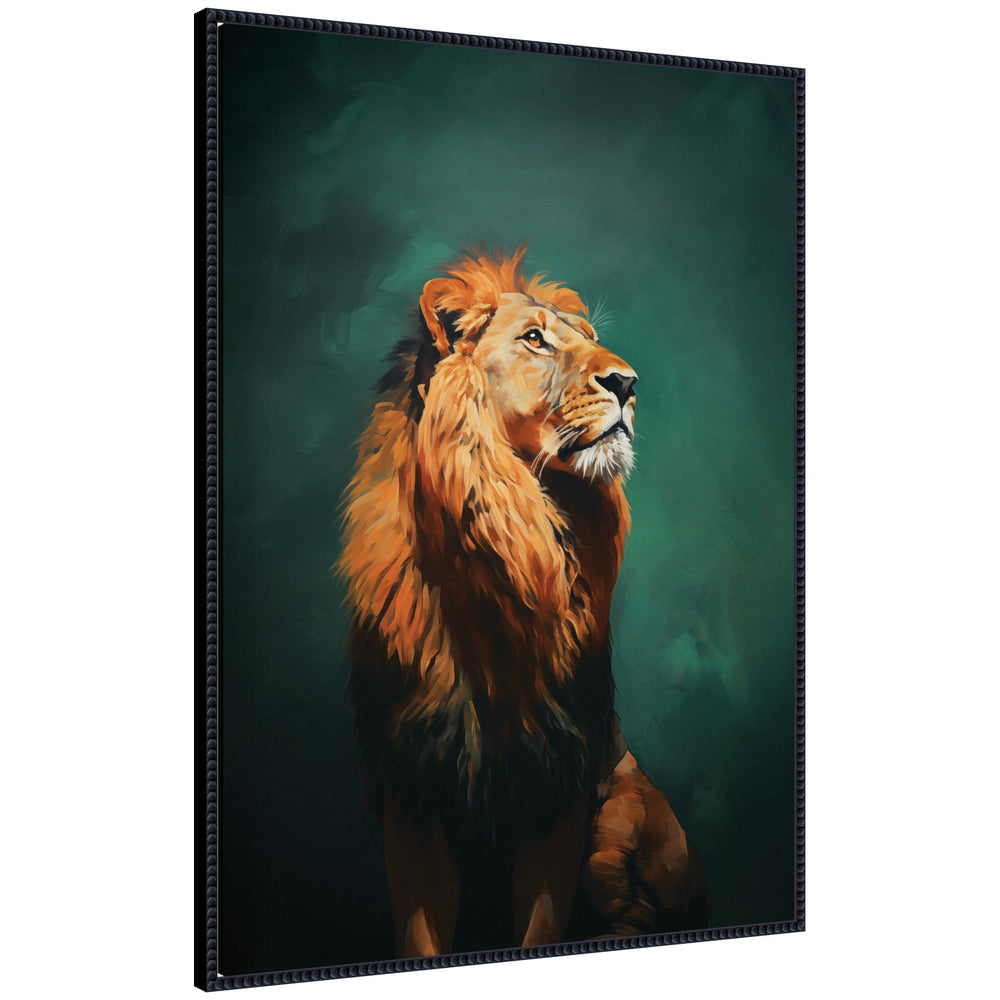 Framed canvas wall art print of a turquoise jade lion with lush mane against a deep green background