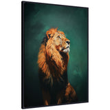 Framed canvas wall art print of a turquoise jade lion with lush mane against a deep green background