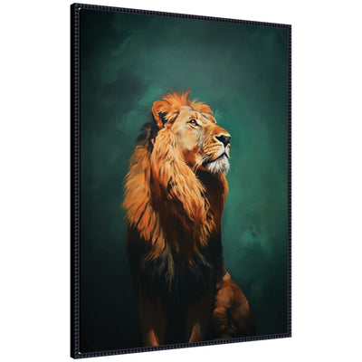 Framed canvas wall art print of a turquoise jade lion with lush mane against a deep green background