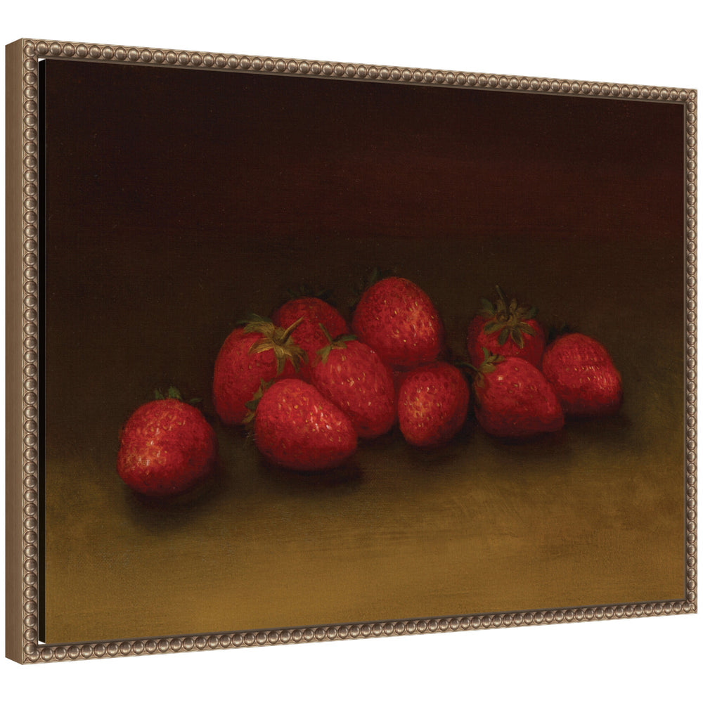 Framed canvas wall art print of Strawberries no date by George Henry Hall in a dark gold beaded frame