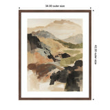 Abstract landscape with soft, blended earth tones and muted greens suggesting mountains and valleys in a misty atmosphere, framed with a simple brown border.