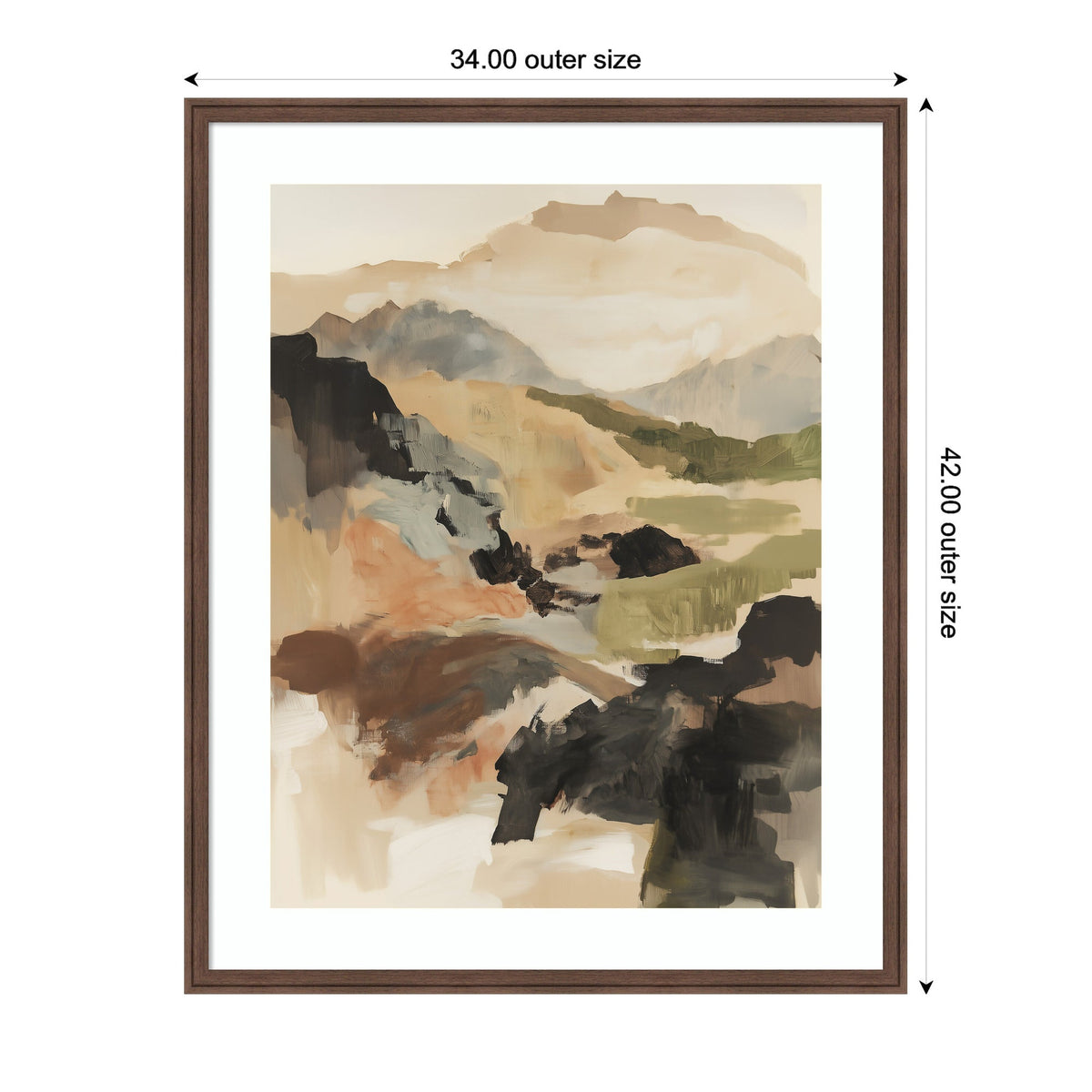 Abstract landscape with soft, blended earth tones and muted greens suggesting mountains and valleys in a misty atmosphere, framed with a simple brown border.