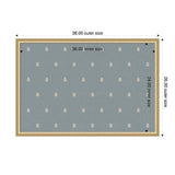 Rectangular tray with light wood frame and blue surface featuring evenly spaced small white botanical leaf patterns, dimensions marked as 38x26 inches outer and 36x24 inches inner size.