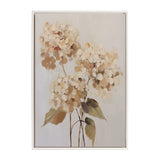 Framed canvas featuring a soft beige and brown hydrangea floral arrangement with green-tinted leaves on a light neutral background.