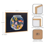 Framed illustration of a goldfish swimming inside a clear fishbowl with pink and yellow aquatic plants on a dark blue background, in a natural oak wood frame.