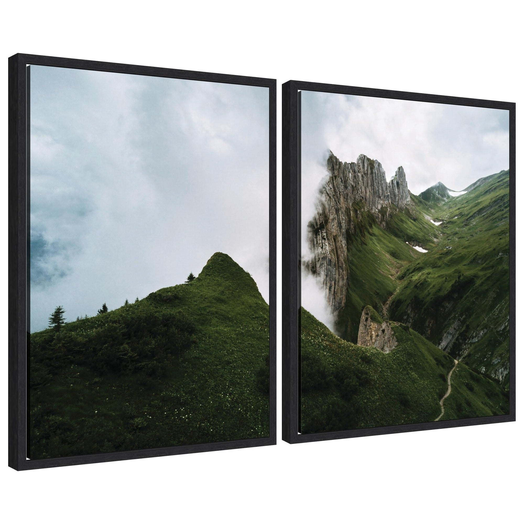 Two framed canvas prints of landscapes titled Mountain Ridge and Green Meadow, featuring natural scenes with greenery and mountain views.