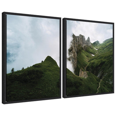 Two framed canvas prints of landscapes titled Mountain Ridge and Green Meadow, featuring natural scenes with greenery and mountain views.