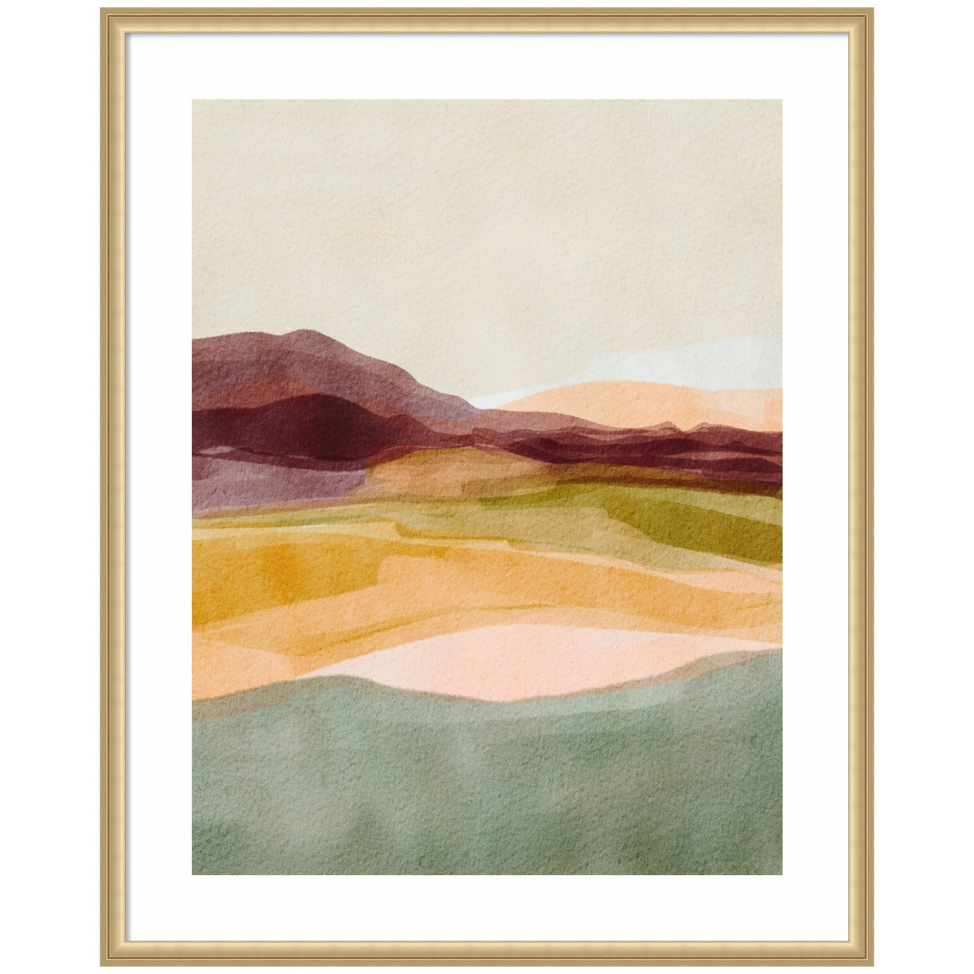 Framed abstract watercolor print of rolling landscapes in pastel tones titled 'Sunset Beauty' by Nikita Jariwala