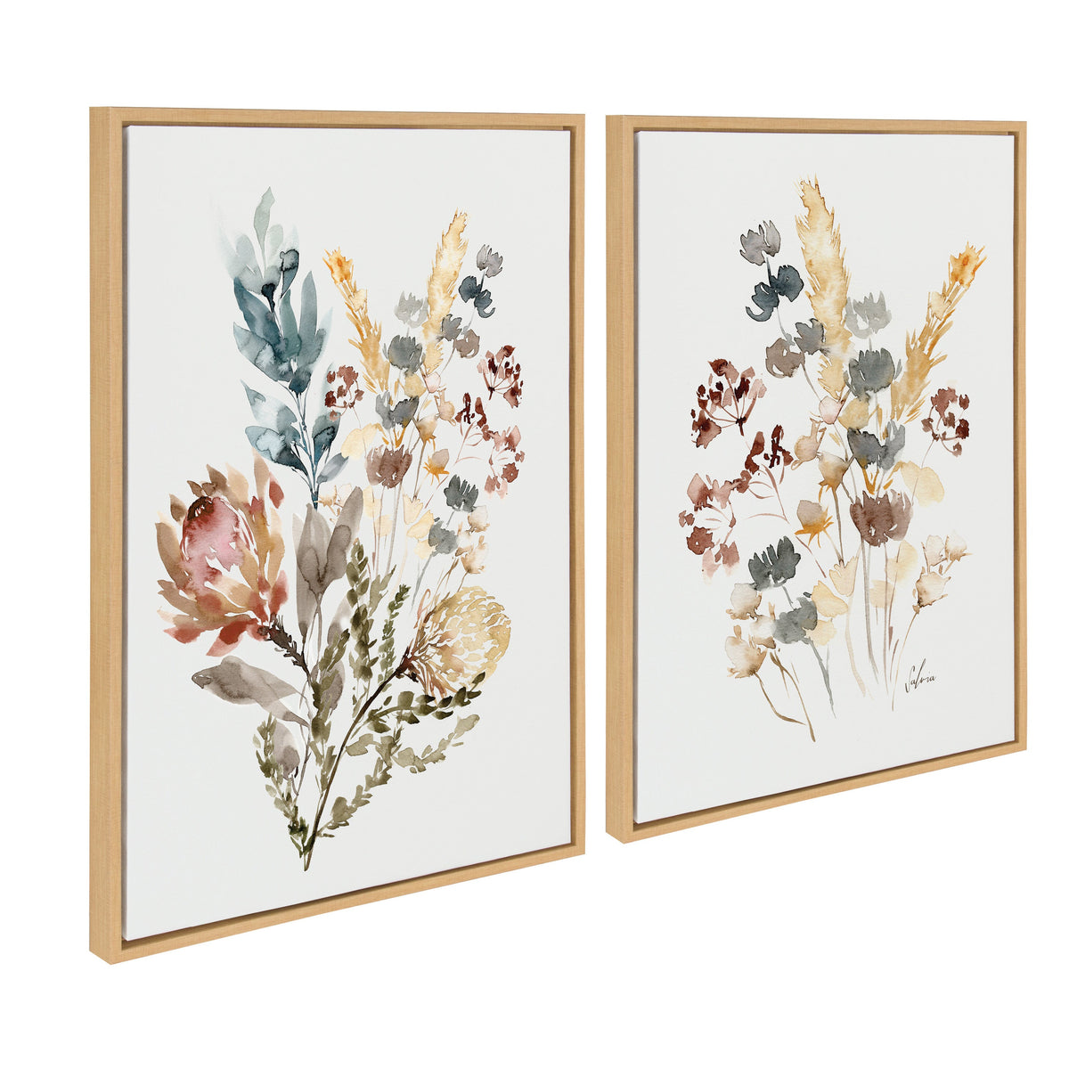 Two wooden-framed botanical watercolor prints featuring delicate wildflowers and foliage in soft blue, beige, rust, and green tones on white backgrounds.