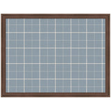 Rectangular fabric pinboard with light blue plaid pattern framed in dark wood, featuring thin white grid lines evenly spaced.