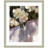 Framed painting of white flowers with soft petals in a glass vase casting shadows on a lavender and gray surface, accented by deep green leaves.