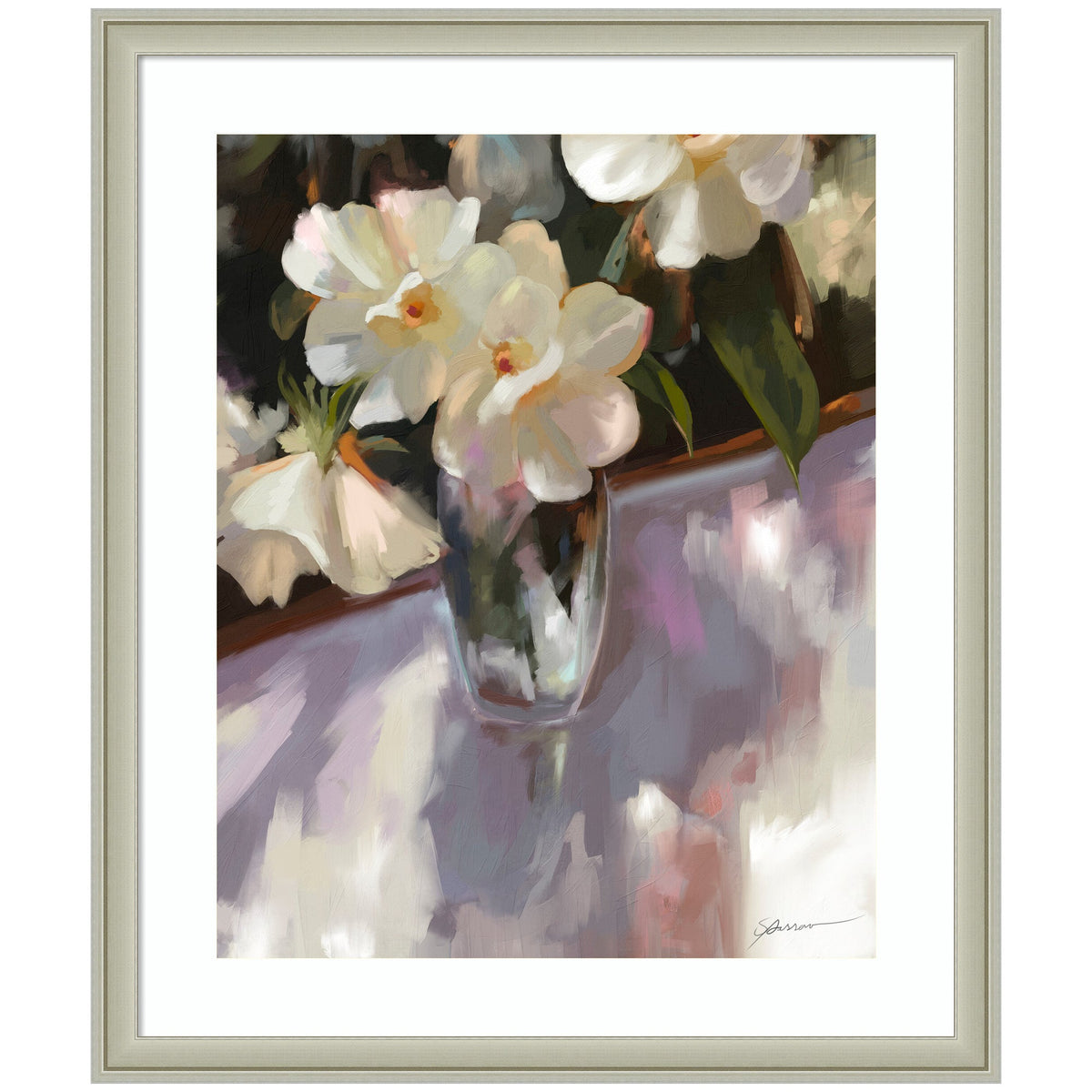 Framed painting of white flowers with soft petals in a glass vase casting shadows on a lavender and gray surface, accented by deep green leaves.
