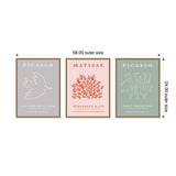 Three framed minimalist art prints featuring a white dove on gray, red coral-like shapes on pale pink, and abstract dancing figures on muted green backgrounds.