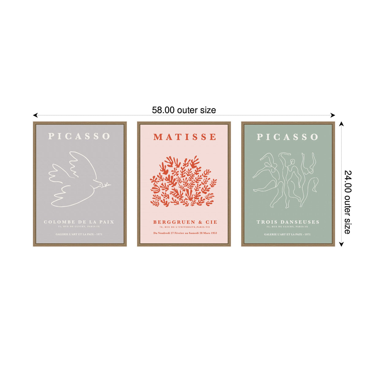 Three framed minimalist art prints featuring a white dove on gray, red coral-like shapes on pale pink, and abstract dancing figures on muted green backgrounds.