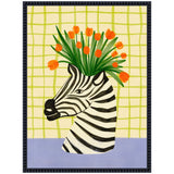 Framed canvas painting of a zebra head with bold black stripes, topped with an orange tulip bouquet against a yellow grid background and purple tabletop.