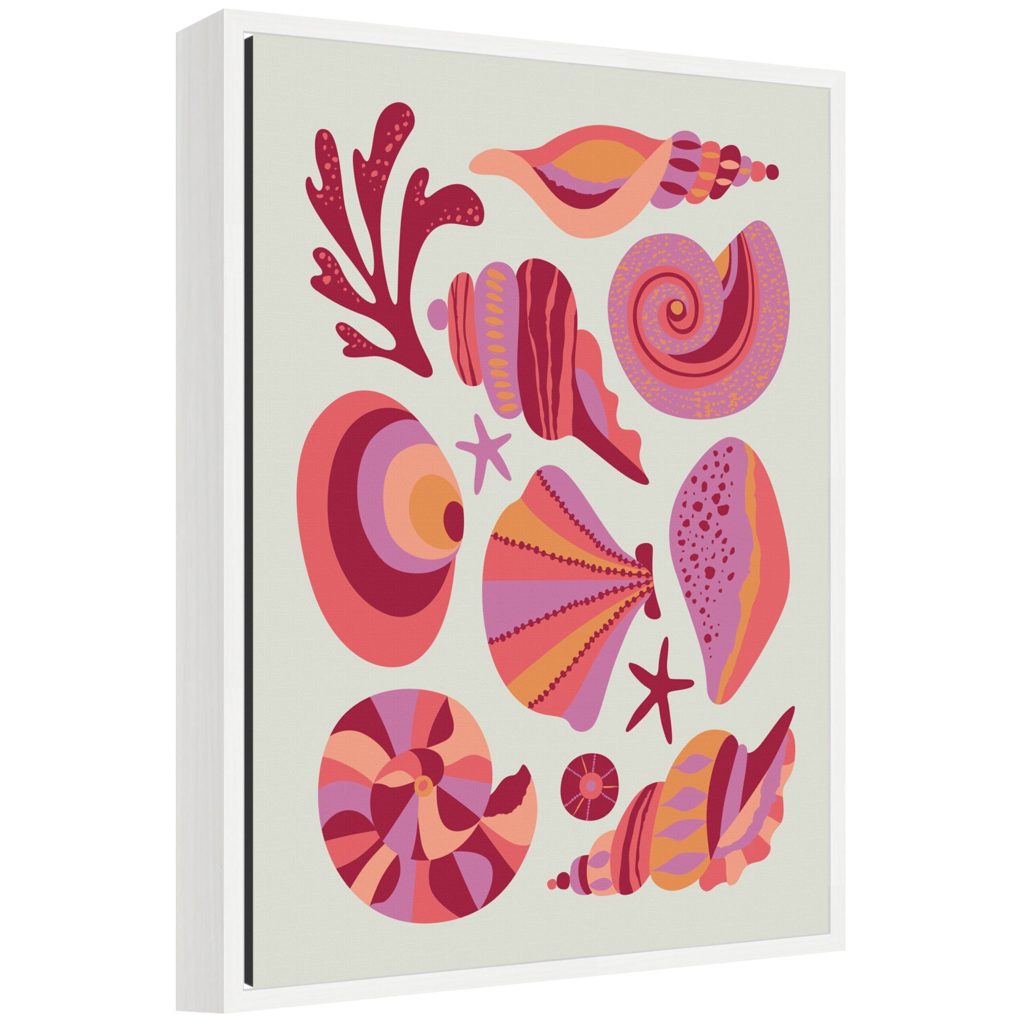 Sylvie Coastal Ocean Seashells framed canvas art showing seashells on a soft sand beach, printed by Rachel Lee