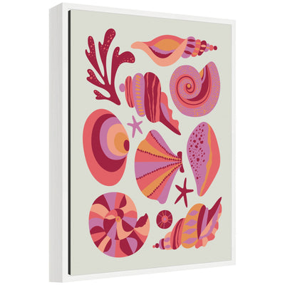 Sylvie Coastal Ocean Seashells framed canvas art showing seashells on a soft sand beach, printed by Rachel Lee