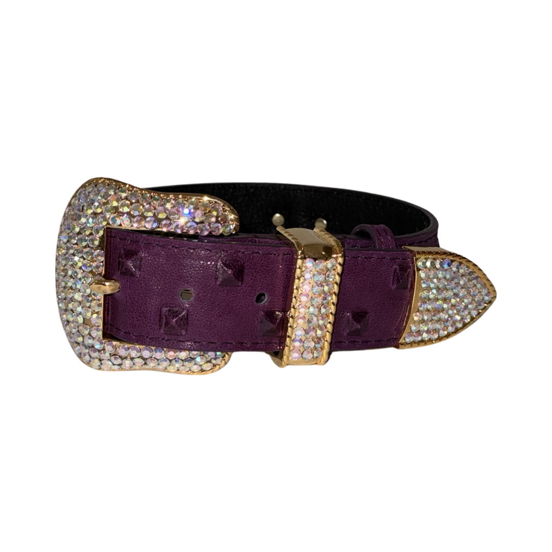 Glamorous Boysenberry collar in embossed studded Italian leather with Swarovski crystals