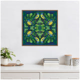 Square framed canvas featuring a symmetrical design of blue and yellow birds surrounded by green leaves and white flowers on a deep blue background.