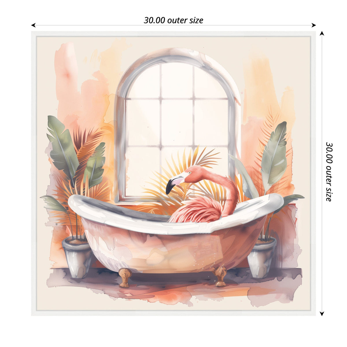Watercolor painting of a pink flamingo sitting in a white clawfoot bathtub, surrounded by large green and pastel tropical leaves under an arched window.