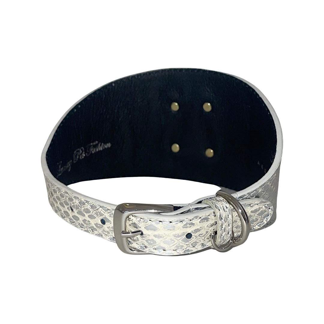 Silver snake-print belt with a polished metal buckle and matching loop, shown curved against a white background.