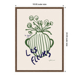 Minimalist green line drawing of a vase with flowers and French text 'Les Fleurs' in blue on beige background, framed in dark wood.
