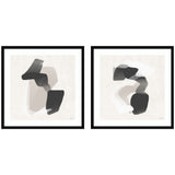 Two square framed abstract prints with flowing black, gray, and beige shapes on a light neutral background, arranged side by side highlighting organic forms.