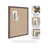 Rectangular beige pinboard with a subtle white lattice pattern and a dark wood frame, displaying two pinned black-and-white photos, alongside inset images showcasing frame styles and fabric textures.