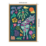 Framed colorful stylized zebra with pink and teal stripes surrounded by vibrant tropical flowers and foliage on a dark green background with orange sun and yellow clouds.