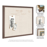 Framed linen pinboard styled like a vintage postcard with pinned black-and-white couple photos and brown wooden frame.