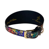 3-inch wide dog collar with a multi-color abstract pattern in an art deco style, featuring a gold buckle and D-ring on a black leather interior.